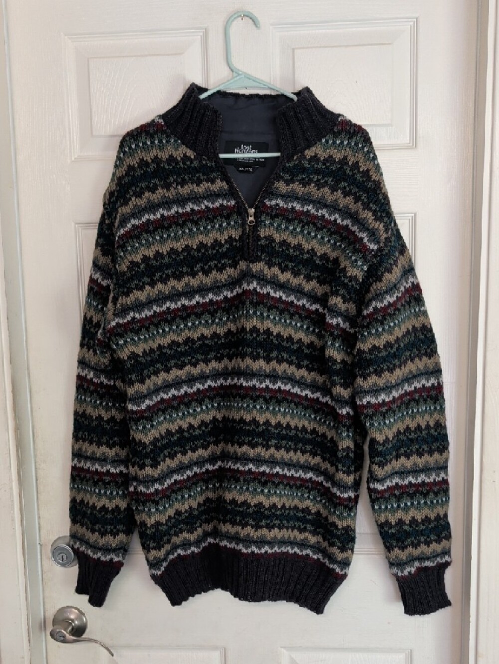 Lost Horizons Handknit Wool Cotton Sweater – Pull Over 1/4 Zip Men XXL